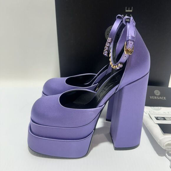 NIB Versace Aevitas IT 38.5 US 8.5 Platform Purple Orchid Satin Pump Crystal - Picture 8 of 14